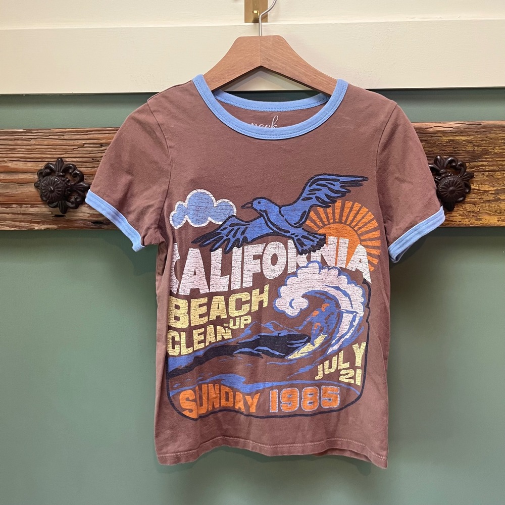 Peek Kids California Beach Clean Up Ringer Tee Brown Blue Graphic Shirt S 6/7